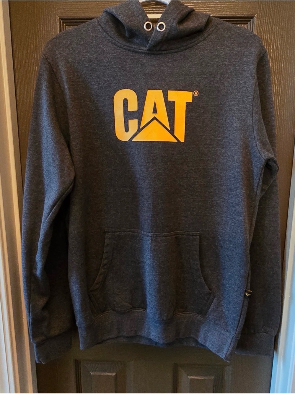 Caterpillar CAT Men's Pullover Hoodie Sweatshirt Dark Gray Yellow Logo Size S